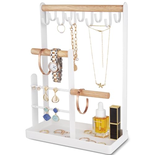 ProCase Jewelry Organizer Jewelry Stand Jewelry Holder Organizer Mothers Day Gift, 4-Tier Necklace Organizer with Ring Tray, Small Cute Aesthetic Jewelry Tower Storage Rack Tree -White