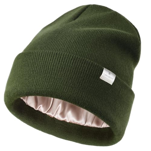 YANIBEST Womens Satin Lined Knit Beanie Hat Acrylic Winter Hats for Women Men Silk Lining Soft Slouchy Warm Cuffed Beanie Hat Pine Green