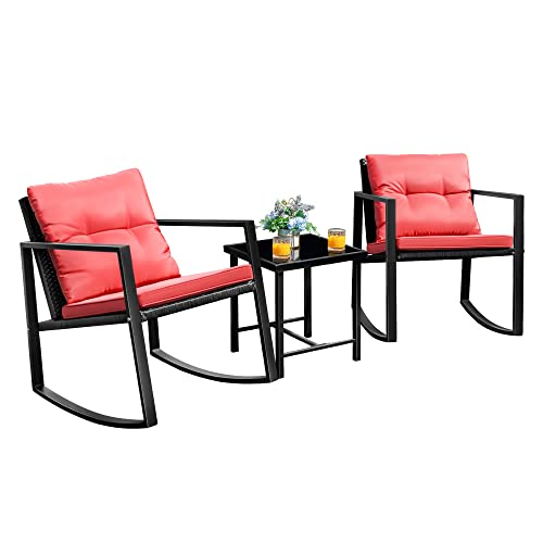 Flamaker 3 Pieces Patio Furniture Set Rocking Wicker Bistro Sets Modern Outdoor Rocking Chair Furniture Sets Clearance Cushioned PE Rattan Chairs Conversation Sets with Coffee Table (Red)