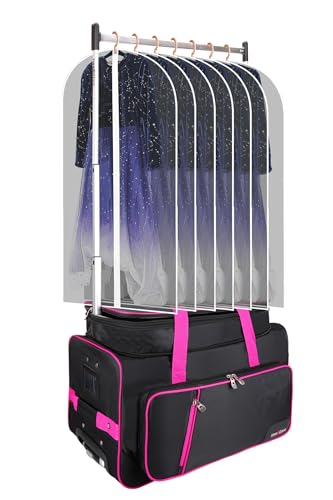 Heendzoo Dance Bag Suitcase, 23inch-Pro-Pink, Garment Rack Duffel for Travel, Waterproof, TSA-Approved, Rolling Luggage with Drop-Bottom Upright Storage