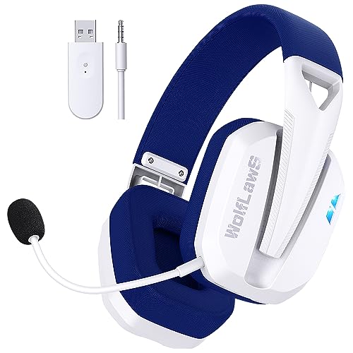WolfLawS TA3000 Wireless Gaming Headset for PC, PS5, PS4, Nintendo Switch, Bluetooth USB Over-Ear Headphones with Detachable and Built-in Mics, Noise Isolation, Low Latency, Lightweight - White