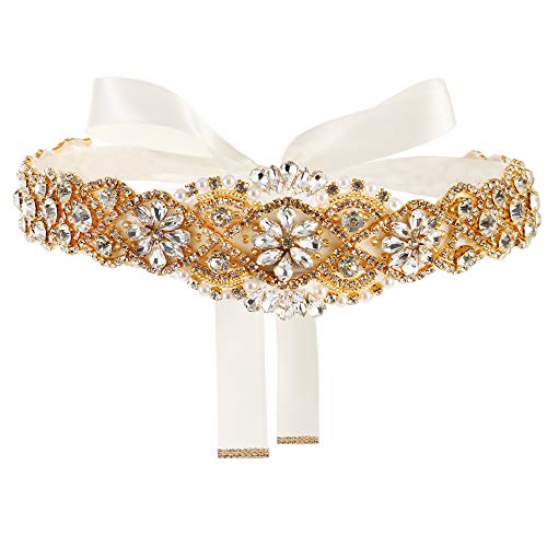 yanstar Handmade Gold Rhinestone Crystal Wedding Bridal Belt Sash With Ivory Ribbon For Wedding Evening Party Prom Dress