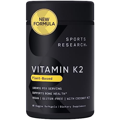 Sports Research Vitamin K2 as MK-7 100mcg with Coconut MCT Oil - 60 Veggie Softgels (2 Month Supply) Vegan Certified, Non-GMO Verified, Gluten & Soy Free