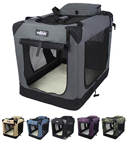 EliteField 3-Door Folding Soft Dog Crate with Carrying Bag and Fleece Bed (2 Year Warranty), Indoor & Outdoor Pet Home (42' L x 28' W x 32' H, Gray)