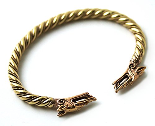 LynnAround Bronze Norse Nordic Viking Mjolnir Wolf Head Twisted Cable Bangle Cuff Bracelet Arm Ring Pagan Jewelry (7.50 Inches)