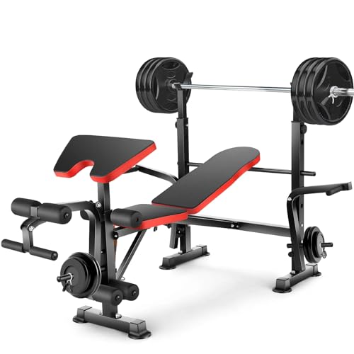 Adjustable Weight Bench, 600lbs Olympic Workout Bench, Bench Press Set with Barbell Rack Preacher Curl Pad and Leg Developer, Multi-Function 6 in 1 Weight Bench Set for Home Gym Full Body Workout