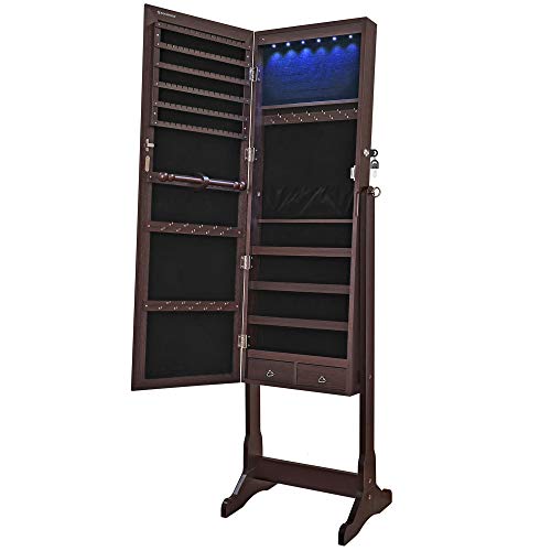 SONGMICS Mirror Jewelry Cabinet with 6 LED Lights, Lockable Standing Mirrored Armoire Organizer, 2 Drawers, Brown UJJC94K