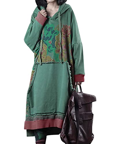 YESNO Women Long Casual Hooded Sweatshirt Dress Ethnic Floral Print Color Block Hemline/Kangaroo Pocket JFD (One Size (L-2XL), JFD Green)