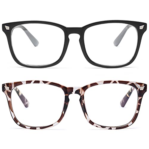 livho 2 Pack Blue Light Blocking Glasses, Computer Reading/Gaming/TV/Phones Glasses for Women Men,Anti Eyestrain & UV Glare (Matte Black+Leopard)