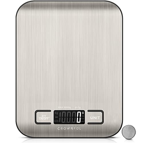 CROWNFUL Food Scale, 11lb Digital Kitchen Scales with Built-in Coin Battery, Weight Ounces and Grams for Cooking and Baking, 6 Units with Tare Function