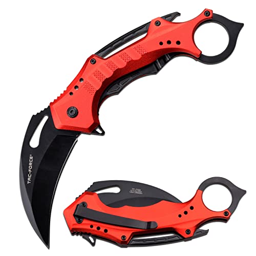 Tac Force- Spring Assisted Folding Pocket Knife – Black Stainless Steel Blade, Red and Black Aluminum Handle w/Finger Ring, Bottler Opener and Pocket Clip, Tactical, EDC, Rescue - TF-705K-RD