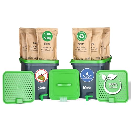 Biorfe 2 Bucket Bokashi Compost Starter Kit, All Season Indoor Beginners Composter with 6.6 lb Bokashi Bran, Countertop Kitchen Bokashi Bin, Composting Container, Food Recycler for Living Indoor