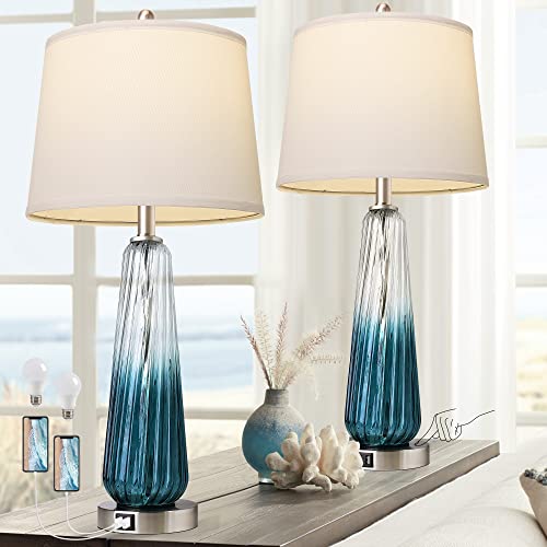 Table Lamps Set of 2 with Touch Control, 3-Way Dimmable Modern Glass Bedside Lamps with 2 USB Ports, Nightstand Lamp with White Fabric Shade, 27.5' Large Lamps for Living Room Bedrooms Decorations