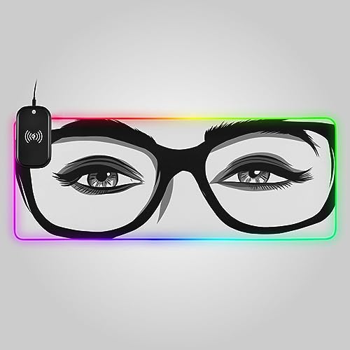 VIGTRO 15W Wireless Charging Pad, Gaming Mouse Pad 14 Light Modes RGB Women Eyes Makeup, Non-Slip Keyboard Mat for PC, Laptop 31.5x11.8in