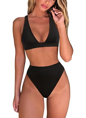 fatty tiger Deep V Neck 2PCS Bikini Swimsuit for Womens Brazilian Triangle Top Back Adjustable Strap High Waisted Thong Swimwear Black S