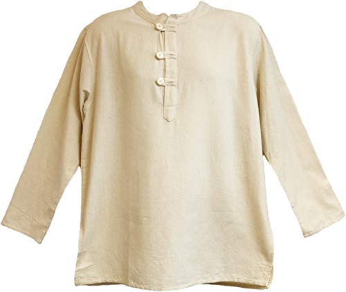 Mens Tunic Muslin Cotton Cream Colored 3-button Loop Closure, Mandarin Collar (XXL)