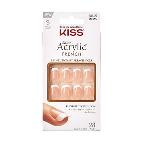 KISS Salon Acrylic Press On Nails, Nail glue included, Bonjour', Nude/White, Short Size, Squoval Shape, Includes 28 Nails, 2g Glue, 1 Manicure Stick, 1 Mini File