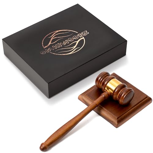 Omniwoodz Premium Wooden Gavel and Block Set with Gold Band - Perfect for Student, Lawyer, Auction, Court, and Judge Meetings - Large Acacia Wood Gavel with Rectangular/Square Block