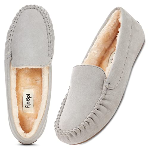 Floopi Women Slippers Moccasins, Soft Faux Fur Lining with Cozy Memory Foam, Ladies House Slippers for Women with Indoor & Outdoor Anti-Skid Sole (10 - Grey)
