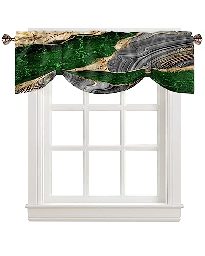 Tie Up Curtain Valance for Windows, Abstract Emerald Green Grey Gold Marble Window Treatment for Living Room Bedroom Bathroom,Rod Pocket Kitchen Curtain Shades Adjustable Small Valance 60' W x 18' L