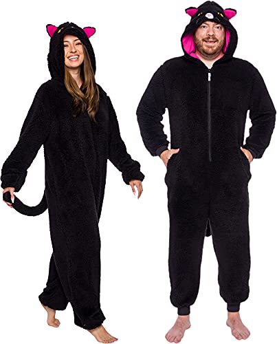 Funziez! Slim Fit Sherpa Adult Onesie - Animal Halloween Costume - Plush One Piece Cosplay Suit for Women and Men Cat