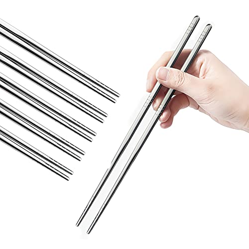 IQCWOOD Metal Chopsticks, 5 Pairs 9.5 Inch Stainless Steel Chopsticks, 304 Korean Chopsticks Reusable Dishwasher Silver Reusable Chopsticks Set for Dinner