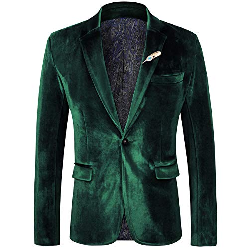 WEEN CHARM Velvet Blazer for Men Slim Fit One Button Sport Coat Tuxedo Jacket for Prom Wedding Party Dinner Green