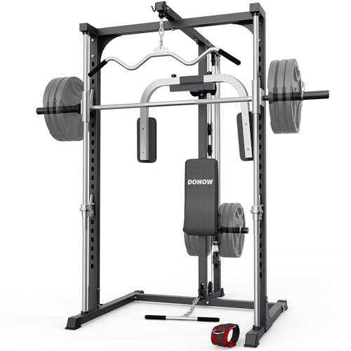 DONOW Smith Machine, Power Cage Power Rack Squat Rack with Smith Bar Home Gym System with LAT Pull Down Chest Station for Strengthen Training No Weights