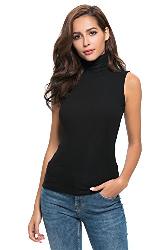A Grain of Wheat Women Sleeveless Mock Turtleneck T Shirt Basic Slim Fit Tunic Tank Top A-Black