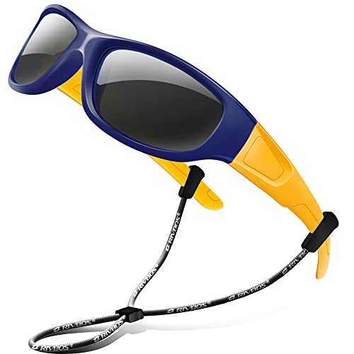 RIVBOS Kids Sunglasses Boys with Strap Polarized Rubber Flexible Shades for Toddler and Children Age 3-10 RBK037-Navy Blue