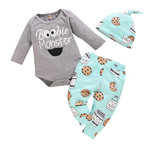 Aoswep Newborn Infant Baby Clothes Long Sleeve Romper + Pants + Hat 3PCS Outfits Set