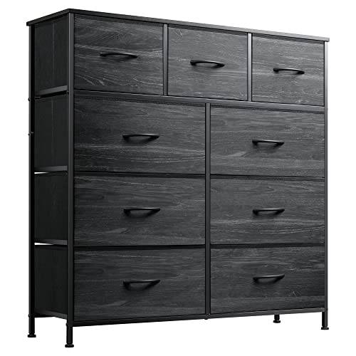 WLIVE 9-Drawer Dresser, Fabric Storage Tower for Bedroom, Hallway, Closet, Tall Chest Organizer Unit with Fabric Bins, Steel Frame, Wood Top, Easy Pull Handle, Charcoal Black Wood Grain Print