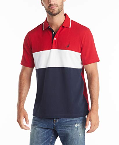 Nautica Men's Short Sleeve 100% Cotton Pique Color Block Polo Shirt, Red, X-Large