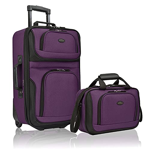 U.S. Traveler Rio Rugged Fabric Expandable Carry-on Luggage, 2 Wheel Rolling Suitcase, Purple, Set
