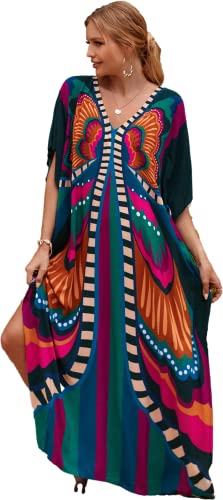 Butterfly Print Caftan Dresses Blackish Green Swimsuit Cover ups Batwing Sleeve Boho Maxi Dress Side Split Vneck Plus Size Loose Weight Loungewear for Women（LS-791-41）