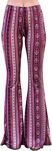 Daisy Del Sol High Waist Comfy Stretch Boho 70s Bell Bottom Fit to Flare Lounge Yoga Pants (Large, Berry)