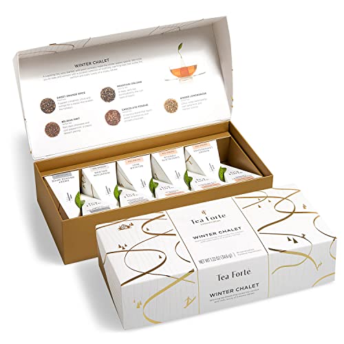 Tea Forte Petite Presentation Box Winter Chalet Tea Sampler Gift Set, 10 Assorted Variety Handcrafted Pyramid Tea Infuser Bags with Winter Spiced Teas