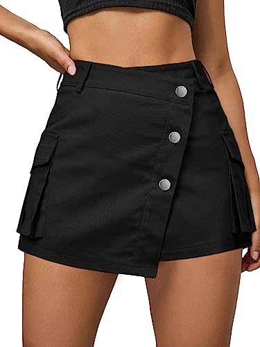 Nlife Criss Cross Low Waist Cargo Asymmetrical Skirt with Pocket Y2K Crossover Button High Low Mini Bodycon Skirt