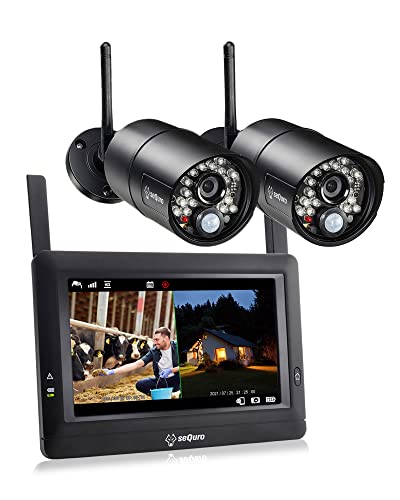 seQuro GuardPro Wireless Surveillance Security Camera System with Monitor, IP66 Weatherproof Outdoor Night Vision HD AC-Powered Camera and Home Surveillance 4CH Monitor DVR 2-cam Kit Black
