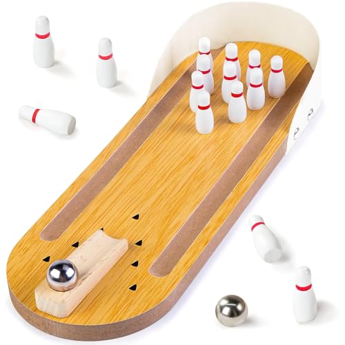 3 otters Mini Bowling Set, Wooden Tabletop Bowling Game Desk Toys Desktop Bowling Home Bowling Alleys, Desk Gifts for Coworkers, White Elephant Gifts for Adults