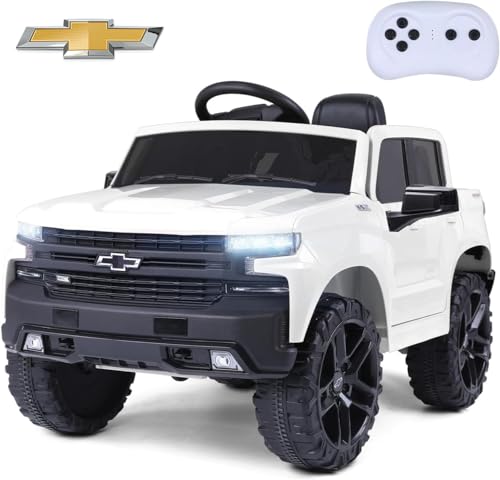 Licensed Chevrolet Silverado 12V Kids Ride On Truck Car with Remote Control, LED Lights, MP3 Music & Back Storage, Chevy Silverado Trail Boss LT Electric Truck for Kids, White
