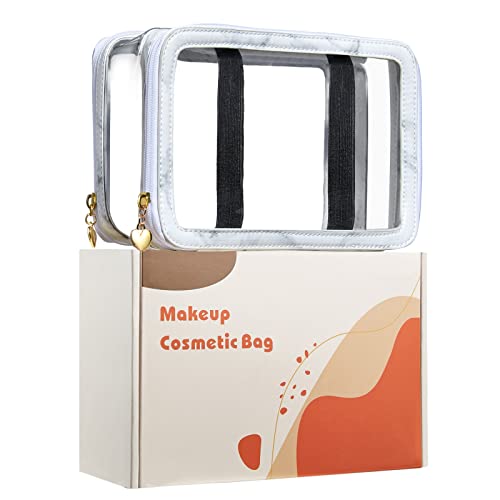 Orise Easy Transparent Makeup Cosmetic Bags Double layer Travel Large Clear Toiletry Bags Organizer with Elastic Band For Girls Women,Marbling