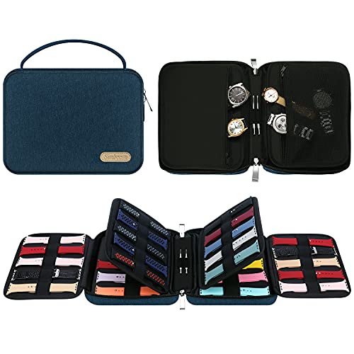 SIMBOOM 40 Watch Bands Storage Bag, Nylon Spill-resistant Watch Band Organizer Bag Carrying Case Travel Watch Straps Carrying Bag Pouch Compatible with Apple Watch Bands, Watch Band Pin, Cable-Blue