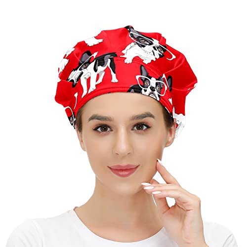 MUKJHOI Adjustable Working Caps, Funny French Bulldog Glasses Tie Back Cover Hair Bouffant Hats Sweatband for Women Men, One Size Fit All