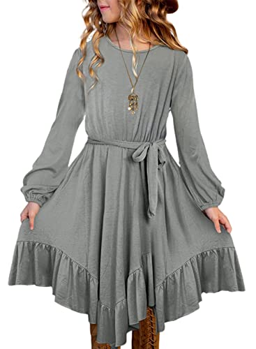 blibean Girl Fall Boho Dress Kid Long Sleeve Tween Bohemian A-Line Round Neck Skater Dresses Solid Maxi Flowy Swing Clothes Size 10 11 12 Years X-Large Grey