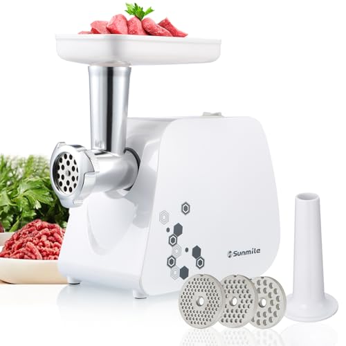 Sunmile Electric Meat Grinder and Sausage Maker - 1HP 1000W Max - Stainless Steel Cutting Blade and 3 Grinding Plates,1 Big Sausage Staff Maker, White