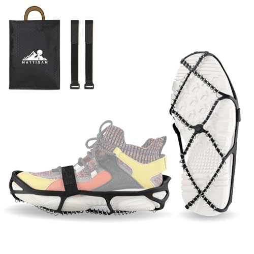 MATTISAM Ice Cleats for Shoes Boots, Easy On/Off Lightweight Traction Cleats for Walking on Snow Ice, Non-Slip Ice Grippers Snow Grips Crampons for Jogging Hiking Men Women with 2 Straps, Storage Bag