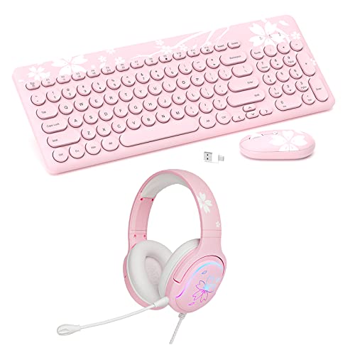Pink Wireless Keyboard Mouse Set, Kawaii Cute Wireless Mouse Keyboard Combo, Type-C/A USB, Sakura Gaming Headset, 360° Rotation Mic, RGB Gradient Light Effect