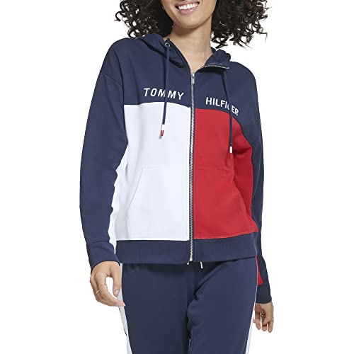Tommy Hilfiger Women's Soft & Comfortable Fleece Colorblocked Full Zip Hoodie, Navy, Medium