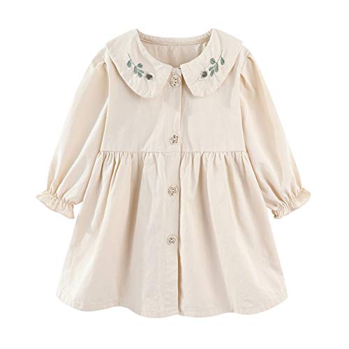 Mud Kingdom Long Sleeve Girls Dress Peter Pan Collar Embroidered Floral Ruffle A-Line Casual Dress Beige 3T